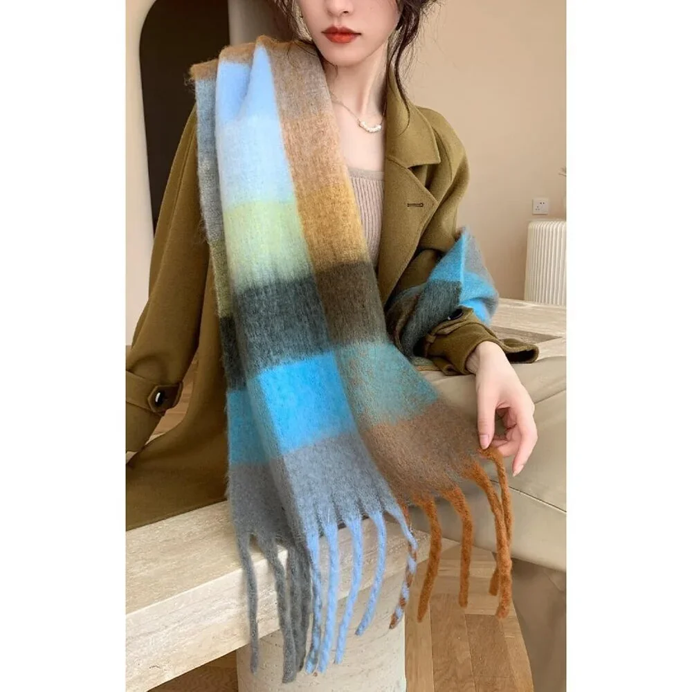Women's Green Cyan Black Winter Warm Long Shawl Cold Weather Thick Blanket Scarf
